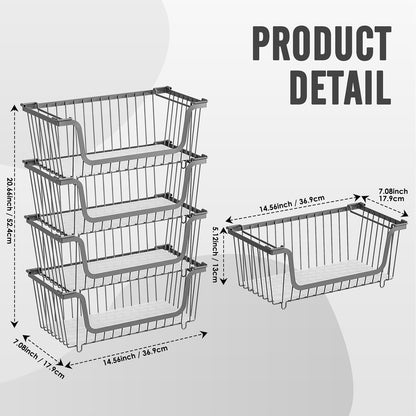 4 Pcs Stackable Wire Baskets Pantry Organizers and Storage Bins,Black | Breathable Metal Design with Rotating Handle,Idea for Potato Onion Fruit Snack Veggie Kitchen Countertop Freezer Organization