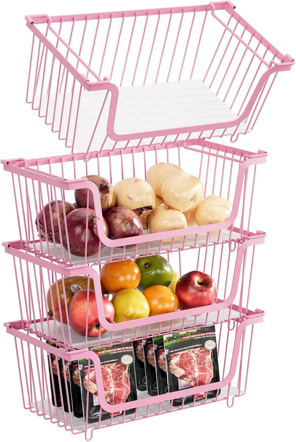 4 Pcs Stackable Wire Baskets Pantry Organizers and Storage Bins,Black | Breathable Metal Design with Rotating Handle,Idea for Potato Onion Fruit Snack Veggie Kitchen Countertop Freezer Organization
