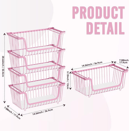 4 Pcs Stackable Wire Baskets Pantry Organizers and Storage Bins,Black | Breathable Metal Design with Rotating Handle,Idea for Potato Onion Fruit Snack Veggie Kitchen Countertop Freezer Organization