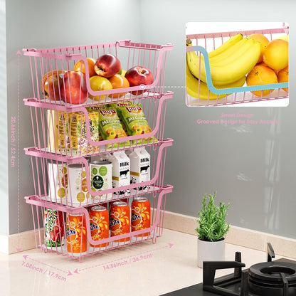 4 Pcs Stackable Wire Baskets Pantry Organizers and Storage Bins,Black | Breathable Metal Design with Rotating Handle,Idea for Potato Onion Fruit Snack Veggie Kitchen Countertop Freezer Organization