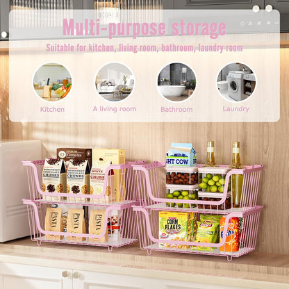 4 Pcs Stackable Wire Baskets Pantry Organizers and Storage Bins,Black | Breathable Metal Design with Rotating Handle,Idea for Potato Onion Fruit Snack Veggie Kitchen Countertop Freezer Organization
