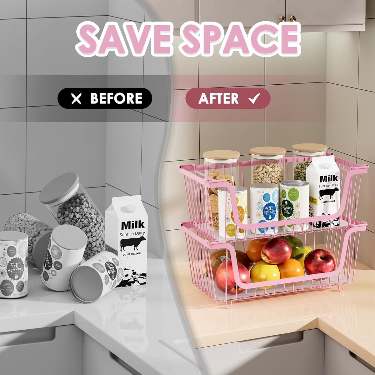 4 Pcs Stackable Wire Baskets Pantry Organizers and Storage Bins,Black | Breathable Metal Design with Rotating Handle,Idea for Potato Onion Fruit Snack Veggie Kitchen Countertop Freezer Organization