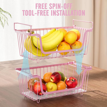 4 Pcs Stackable Wire Baskets Pantry Organizers and Storage Bins,Black | Breathable Metal Design with Rotating Handle,Idea for Potato Onion Fruit Snack Veggie Kitchen Countertop Freezer Organization