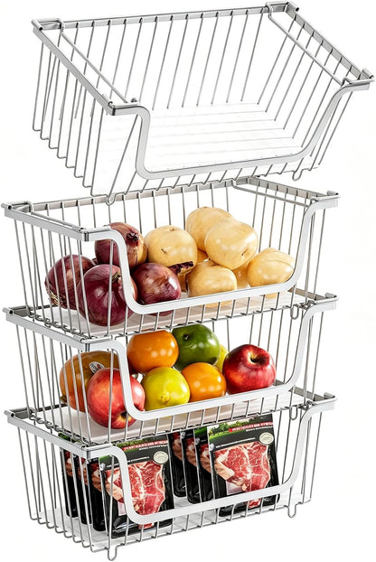 4 Pcs Stackable Wire Baskets Pantry Organizers and Storage Bins,Black | Breathable Metal Design with Rotating Handle,Idea for Potato Onion Fruit Snack Veggie Kitchen Countertop Freezer Organization