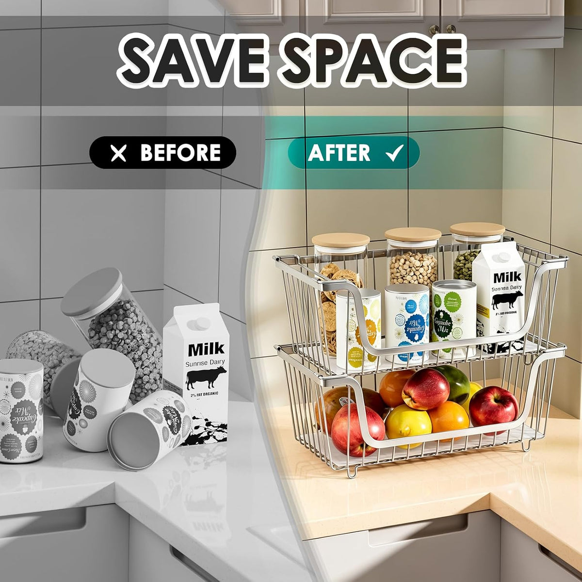 4 Pcs Stackable Wire Baskets Pantry Organizers and Storage Bins,Black | Breathable Metal Design with Rotating Handle,Idea for Potato Onion Fruit Snack Veggie Kitchen Countertop Freezer Organization