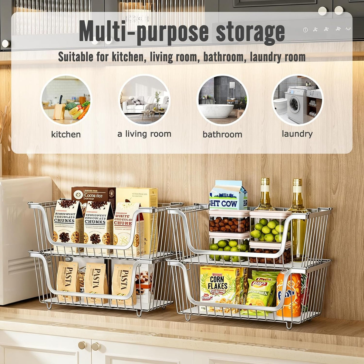 4 Pcs Stackable Wire Baskets Pantry Organizers and Storage Bins,Black | Breathable Metal Design with Rotating Handle,Idea for Potato Onion Fruit Snack Veggie Kitchen Countertop Freezer Organization