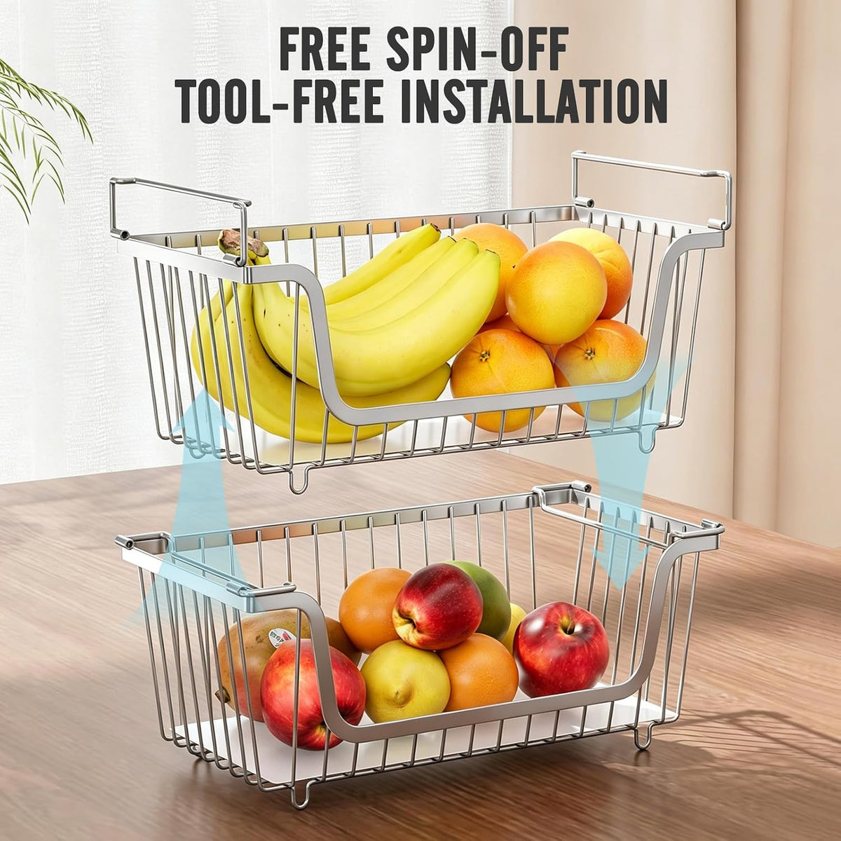 4 Pcs Stackable Wire Baskets Pantry Organizers and Storage Bins,Black | Breathable Metal Design with Rotating Handle,Idea for Potato Onion Fruit Snack Veggie Kitchen Countertop Freezer Organization