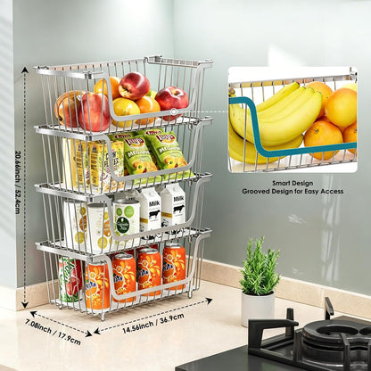 4 Pcs Stackable Wire Baskets Pantry Organizers and Storage Bins,Black | Breathable Metal Design with Rotating Handle,Idea for Potato Onion Fruit Snack Veggie Kitchen Countertop Freezer Organization
