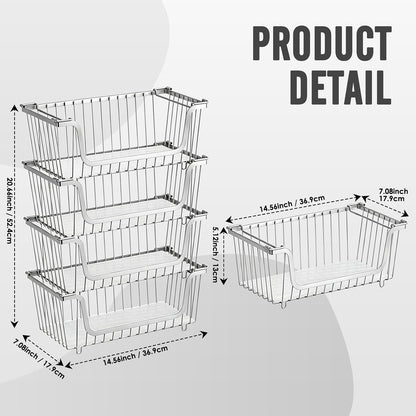 4 Pcs Stackable Wire Baskets Pantry Organizers and Storage Bins,Black | Breathable Metal Design with Rotating Handle,Idea for Potato Onion Fruit Snack Veggie Kitchen Countertop Freezer Organization