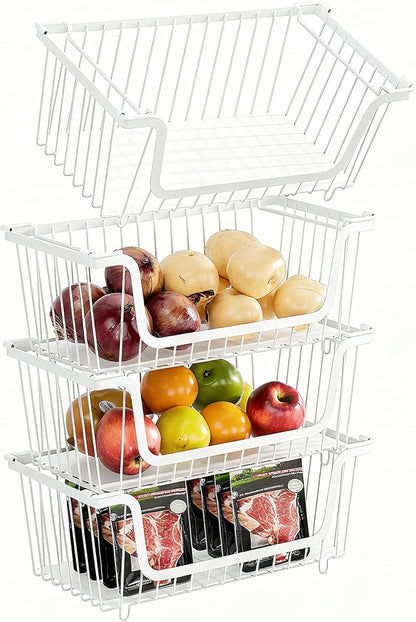 4 Pcs Stackable Wire Baskets Pantry Organizers and Storage Bins,Black | Breathable Metal Design with Rotating Handle,Idea for Potato Onion Fruit Snack Veggie Kitchen Countertop Freezer Organization