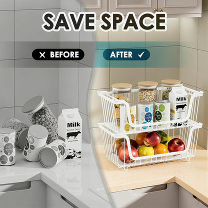 4 Pcs Stackable Wire Baskets Pantry Organizers and Storage Bins,Black | Breathable Metal Design with Rotating Handle,Idea for Potato Onion Fruit Snack Veggie Kitchen Countertop Freezer Organization
