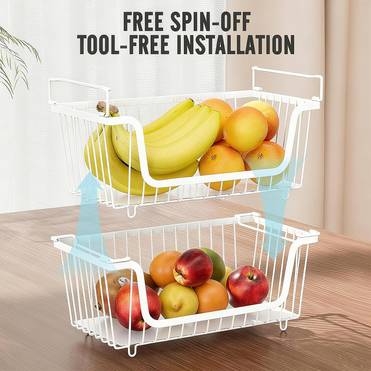 4 Pcs Stackable Wire Baskets Pantry Organizers and Storage Bins,Black | Breathable Metal Design with Rotating Handle,Idea for Potato Onion Fruit Snack Veggie Kitchen Countertop Freezer Organization