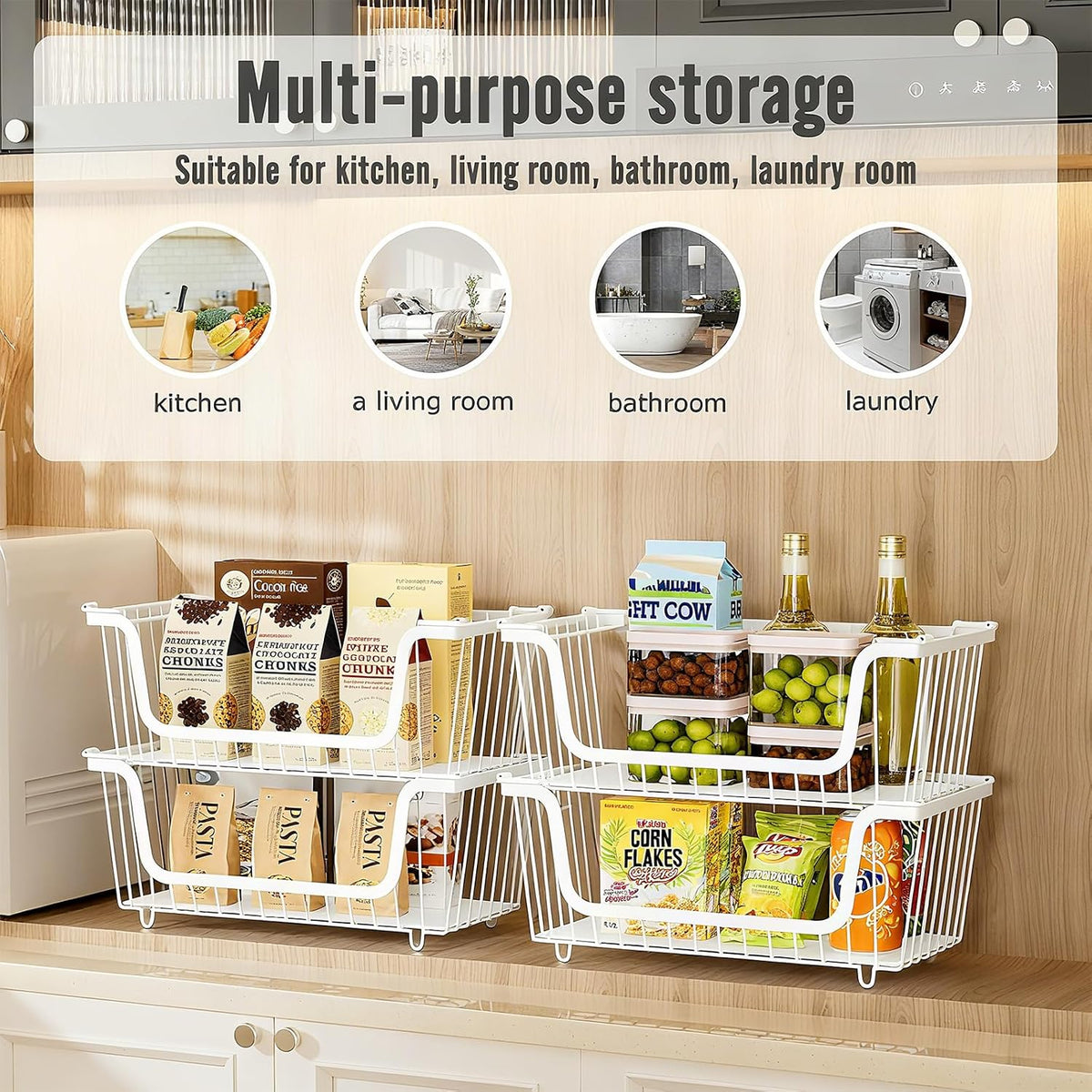 4 Pcs Stackable Wire Baskets Pantry Organizers and Storage Bins,Black | Breathable Metal Design with Rotating Handle,Idea for Potato Onion Fruit Snack Veggie Kitchen Countertop Freezer Organization