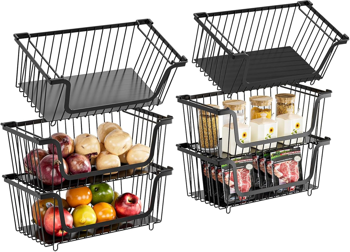 4 Pcs Stackable Wire Baskets Pantry Organizers and Storage Bins,Black | Breathable Metal Design with Rotating Handle,Idea for Potato Onion Fruit Snack Veggie Kitchen Countertop Freezer Organization