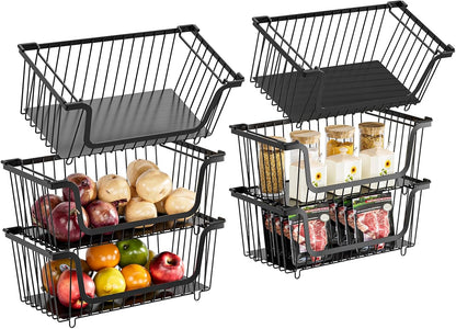 4 Pcs Stackable Wire Baskets Pantry Organizers and Storage Bins,Black | Breathable Metal Design with Rotating Handle,Idea for Potato Onion Fruit Snack Veggie Kitchen Countertop Freezer Organization