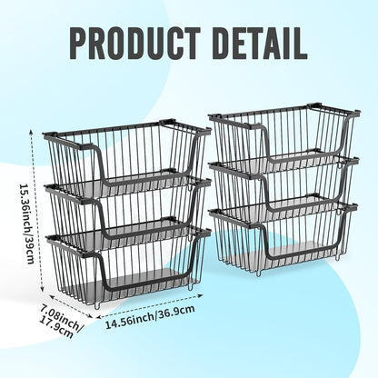 4 Pcs Stackable Wire Baskets Pantry Organizers and Storage Bins,Black | Breathable Metal Design with Rotating Handle,Idea for Potato Onion Fruit Snack Veggie Kitchen Countertop Freezer Organization