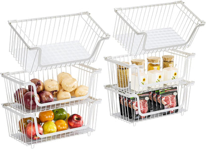 4 Pcs Stackable Wire Baskets Pantry Organizers and Storage Bins,Black | Breathable Metal Design with Rotating Handle,Idea for Potato Onion Fruit Snack Veggie Kitchen Countertop Freezer Organization