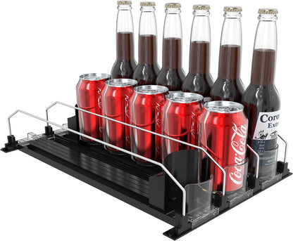 3 Rows Drink Organizer for Fridge, 15'' Soda Can Dispenser for Refrigerator with Pusher Glide, Width Adjustable Fridge Can Organization Hold Up to 25 Cans (Black)