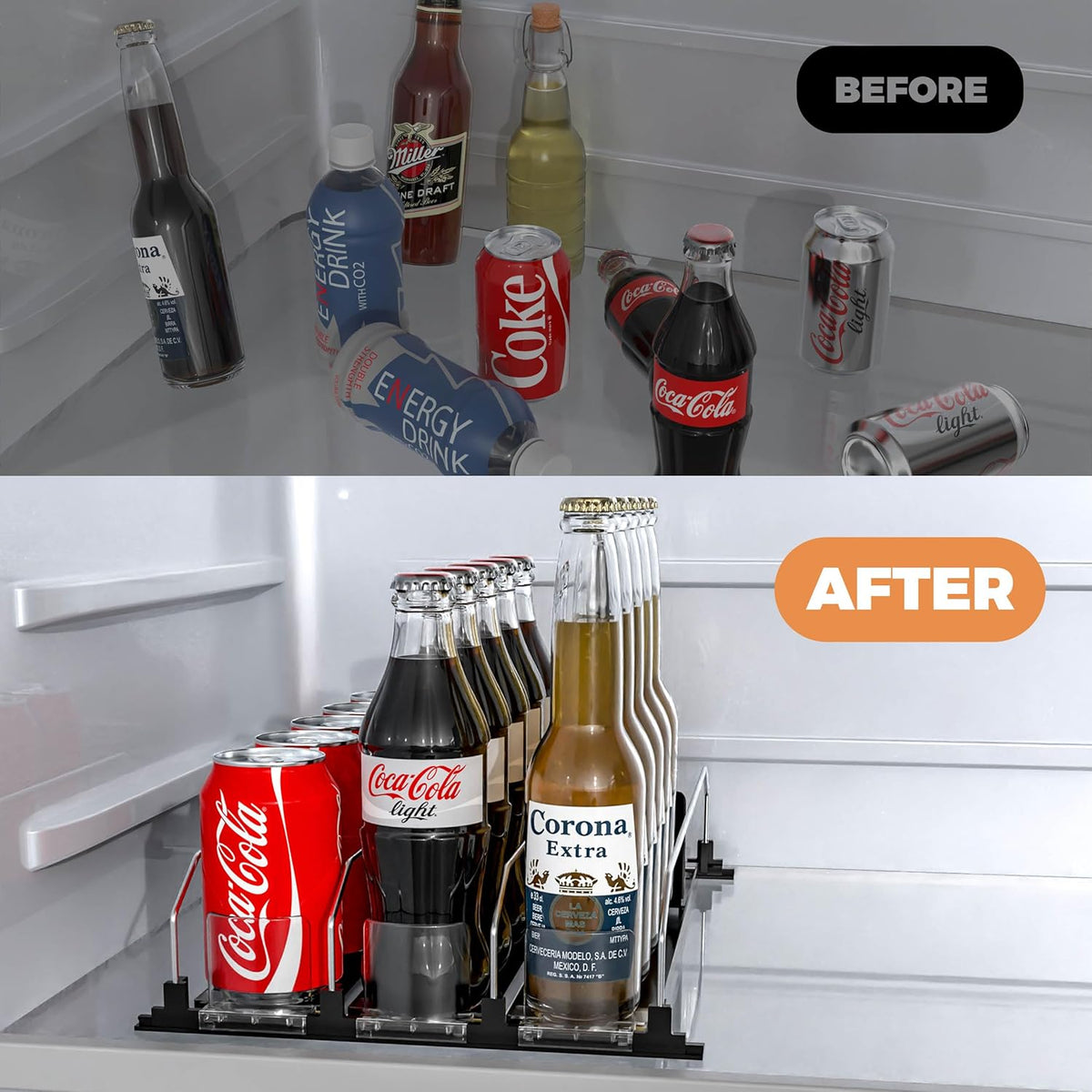 3 Rows Drink Organizer for Fridge, 15'' Soda Can Dispenser for Refrigerator with Pusher Glide, Width Adjustable Fridge Can Organization Hold Up to 25 Cans (Black)