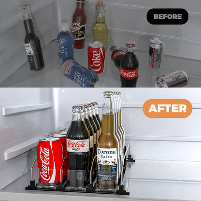 3 Rows Drink Organizer for Fridge, 15'' Soda Can Dispenser for Refrigerator with Pusher Glide, Width Adjustable Fridge Can Organization Hold Up to 25 Cans (Black)