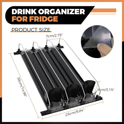 3 Rows Drink Organizer for Fridge, 15'' Soda Can Dispenser for Refrigerator with Pusher Glide, Width Adjustable Fridge Can Organization Hold Up to 25 Cans (Black)