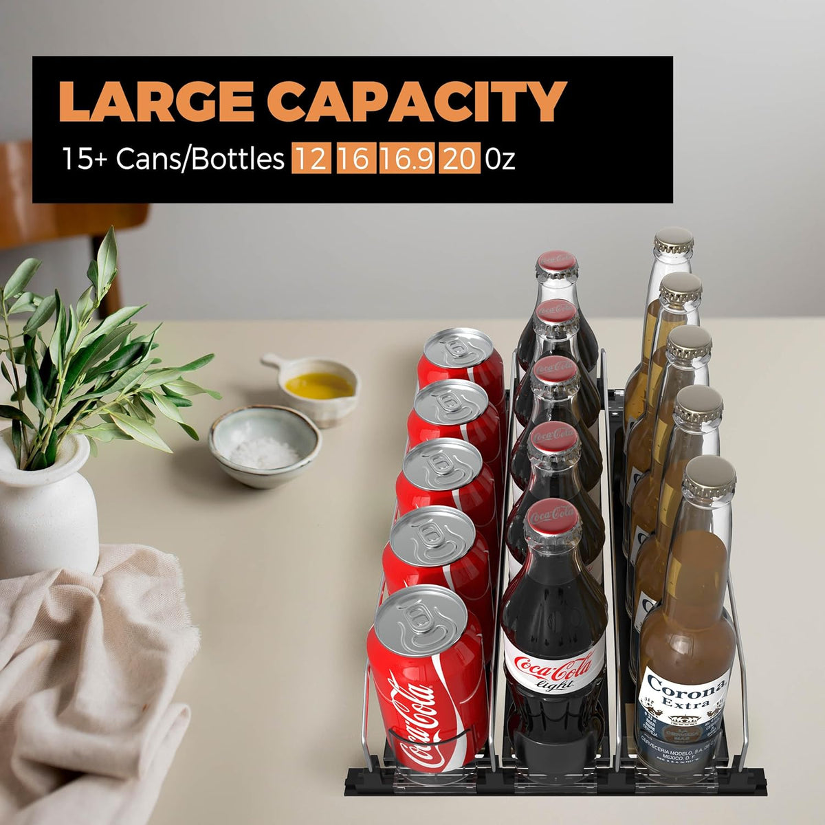 3 Rows Drink Organizer for Fridge, 15'' Soda Can Dispenser for Refrigerator with Pusher Glide, Width Adjustable Fridge Can Organization Hold Up to 25 Cans (Black)