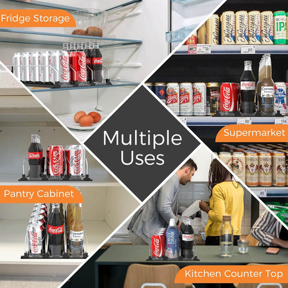 3 Rows Drink Organizer for Fridge, 15'' Soda Can Dispenser for Refrigerator with Pusher Glide, Width Adjustable Fridge Can Organization Hold Up to 25 Cans (Black)