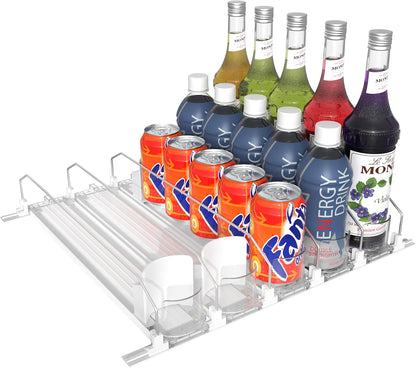 3 Rows Drink Organizer for Fridge, 15'' Soda Can Dispenser for Refrigerator with Pusher Glide, Width Adjustable Fridge Can Organization Hold Up to 25 Cans (Black)