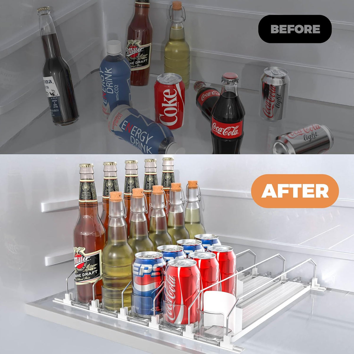 3 Rows Drink Organizer for Fridge, 15'' Soda Can Dispenser for Refrigerator with Pusher Glide, Width Adjustable Fridge Can Organization Hold Up to 25 Cans (Black)