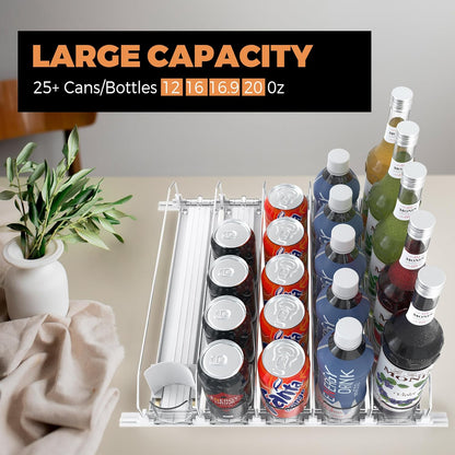 3 Rows Drink Organizer for Fridge, 15'' Soda Can Dispenser for Refrigerator with Pusher Glide, Width Adjustable Fridge Can Organization Hold Up to 25 Cans (Black)