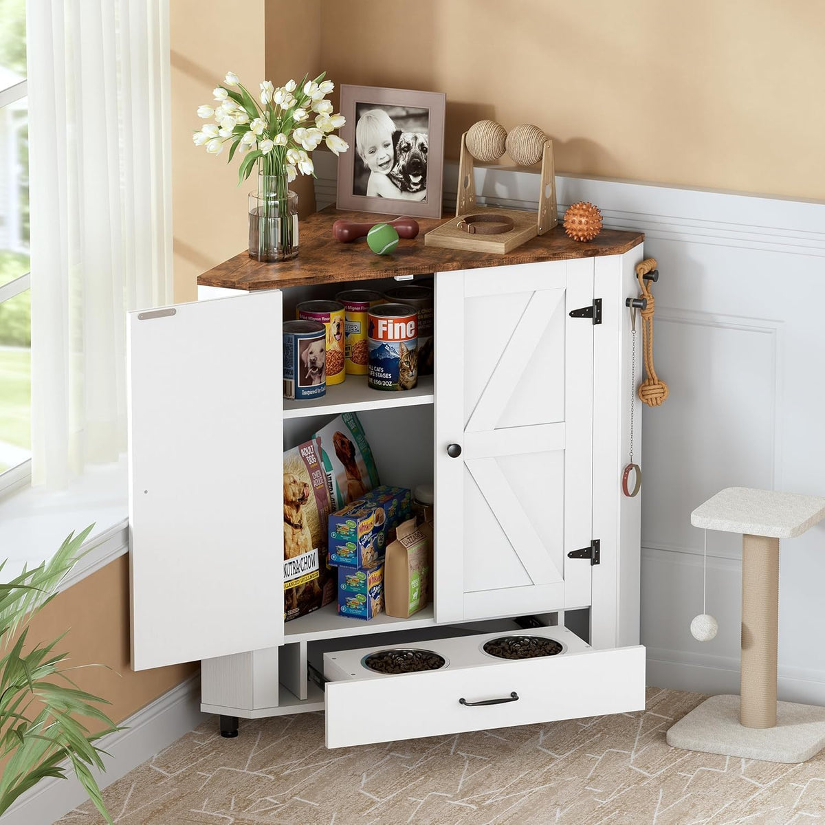 Corner Dog Food Storage Cabinet, Dog Feeding Station with 2 Hidden Bowls, Adjustable Panel, 4 Hooks, Pet Feeding Station Corner Cabinet for Medium