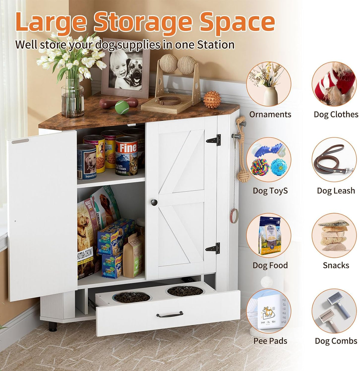 Corner Dog Food Storage Cabinet, Dog Feeding Station with 2 Hidden Bowls, Adjustable Panel, 4 Hooks, Pet Feeding Station Corner Cabinet for Medium