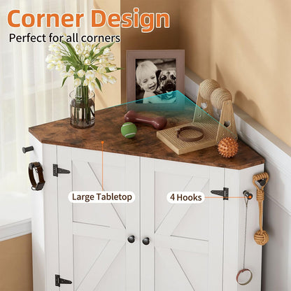 Corner Dog Food Storage Cabinet, Dog Feeding Station with 2 Hidden Bowls, Adjustable Panel, 4 Hooks, Pet Feeding Station Corner Cabinet for Medium
