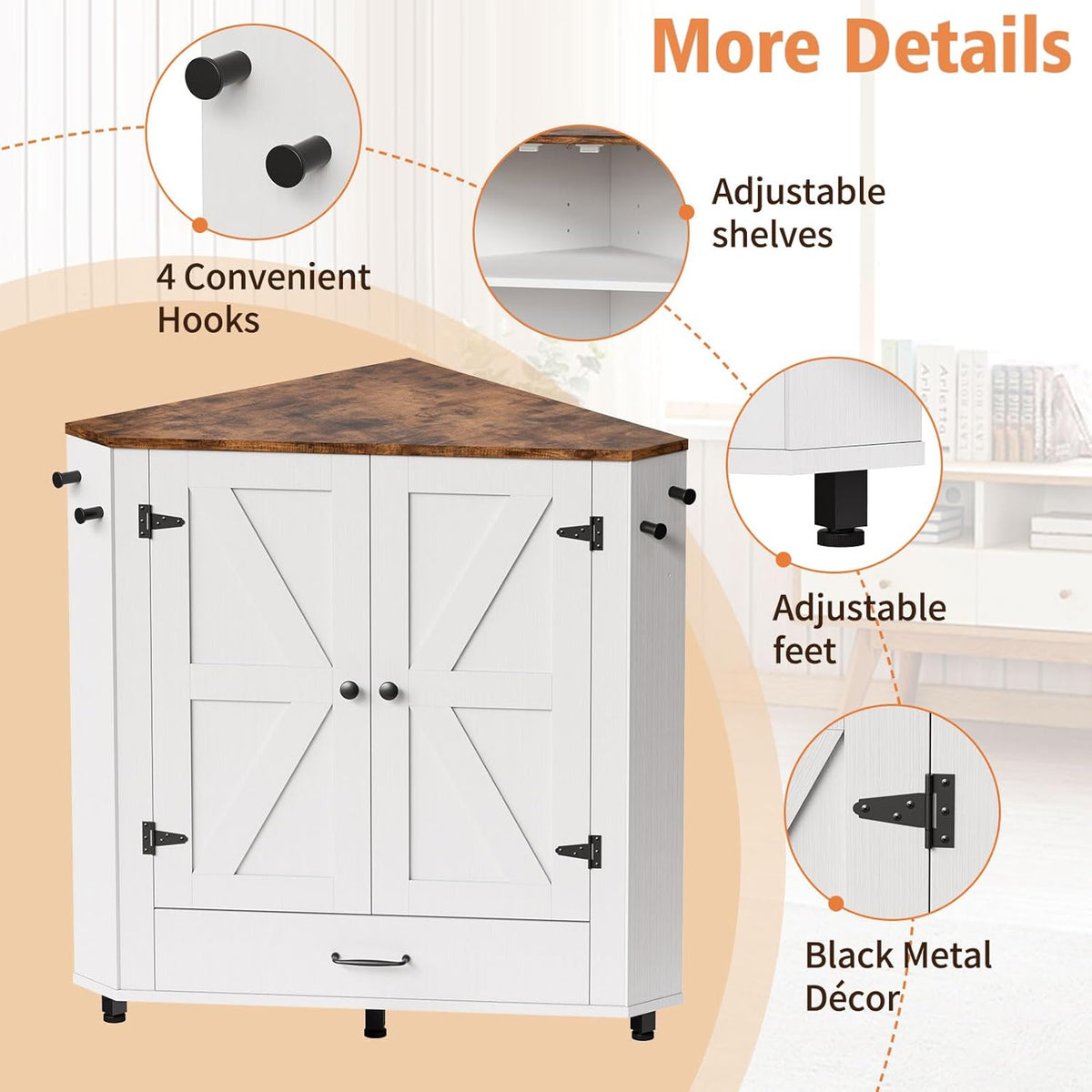 Corner Dog Food Storage Cabinet, Dog Feeding Station with 2 Hidden Bowls, Adjustable Panel, 4 Hooks, Pet Feeding Station Corner Cabinet for Medium