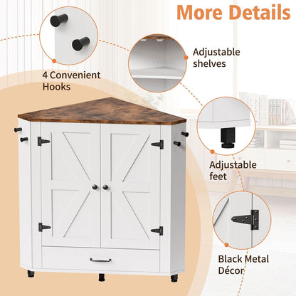 Corner Dog Food Storage Cabinet, Dog Feeding Station with 2 Hidden Bowls, Adjustable Panel, 4 Hooks, Pet Feeding Station Corner Cabinet for Medium
