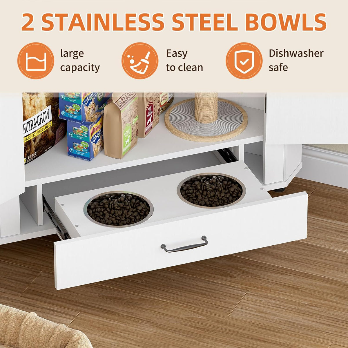 Corner Dog Food Storage Cabinet, Dog Feeding Station with 2 Hidden Bowls, Adjustable Panel, 4 Hooks, Pet Feeding Station Corner Cabinet for Medium