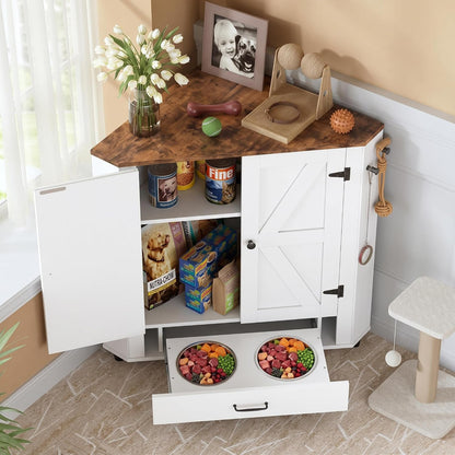 Corner Dog Food Storage Cabinet, Dog Feeding Station with 2 Hidden Bowls, Adjustable Panel, 4 Hooks, Pet Feeding Station Corner Cabinet for Medium
