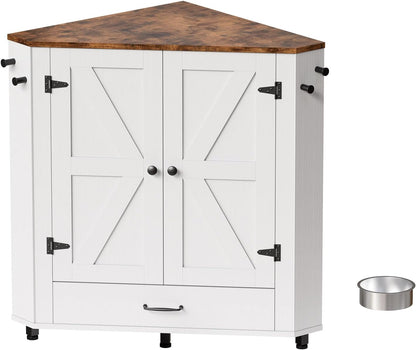 Corner Dog Food Storage Cabinet, Dog Feeding Station with 2 Hidden Bowls, Adjustable Panel, 4 Hooks, Pet Feeding Station Corner Cabinet for Medium