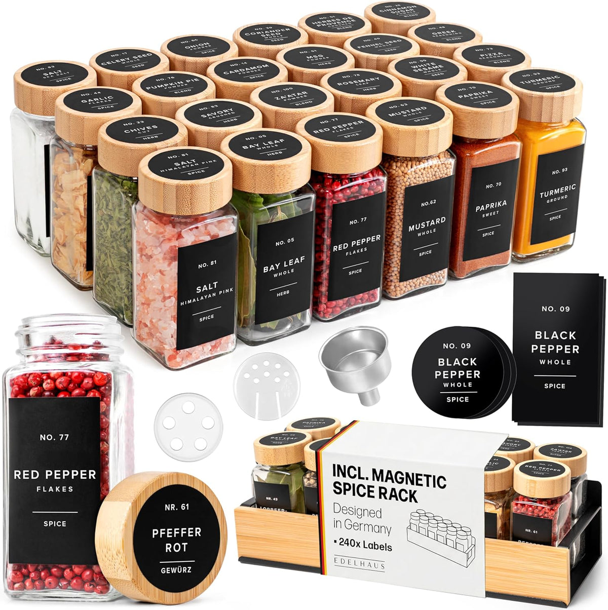 Square Glass Spice Jars (24 x 4oz) with Black Lids + Magnetic Spice Rack for Refrigerator (Fits 12 Jars) + Bonus Slim Auxiliary Rack, 240 Labels, Shaker Inserts, Funnel