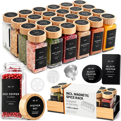 Square Glass Spice Jars (24 x 4oz) with Black Lids + Magnetic Spice Rack for Refrigerator (Fits 12 Jars) + Bonus Slim Auxiliary Rack, 240 Labels, Shaker Inserts, Funnel
