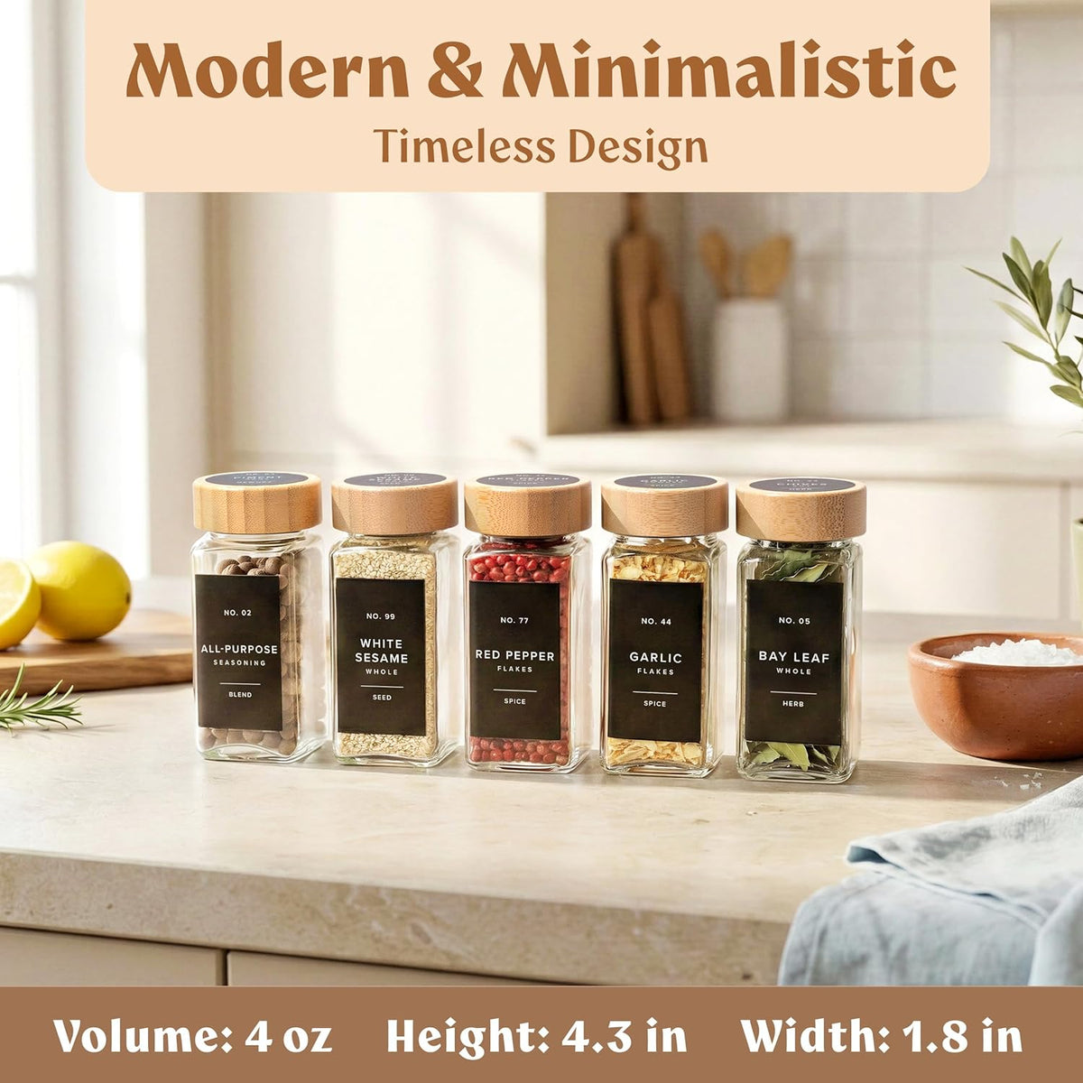 Square Glass Spice Jars (24 x 4oz) with Black Lids + Magnetic Spice Rack for Refrigerator (Fits 12 Jars) + Bonus Slim Auxiliary Rack, 240 Labels, Shaker Inserts, Funnel