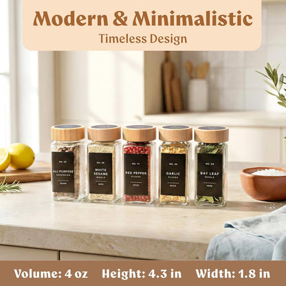 Square Glass Spice Jars (24 x 4oz) with Black Lids + Magnetic Spice Rack for Refrigerator (Fits 12 Jars) + Bonus Slim Auxiliary Rack, 240 Labels, Shaker Inserts, Funnel