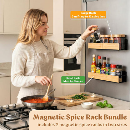 Square Glass Spice Jars (24 x 4oz) with Black Lids + Magnetic Spice Rack for Refrigerator (Fits 12 Jars) + Bonus Slim Auxiliary Rack, 240 Labels, Shaker Inserts, Funnel