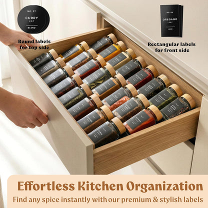 Square Glass Spice Jars (24 x 4oz) with Black Lids + Magnetic Spice Rack for Refrigerator (Fits 12 Jars) + Bonus Slim Auxiliary Rack, 240 Labels, Shaker Inserts, Funnel