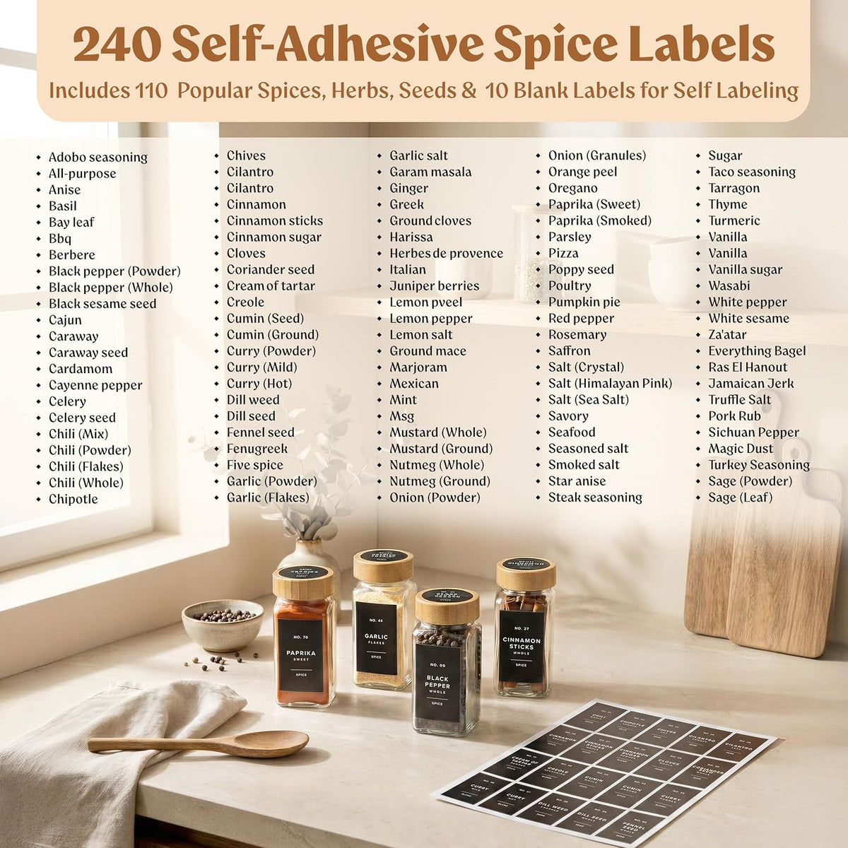 Square Glass Spice Jars (24 x 4oz) with Black Lids + Magnetic Spice Rack for Refrigerator (Fits 12 Jars) + Bonus Slim Auxiliary Rack, 240 Labels, Shaker Inserts, Funnel