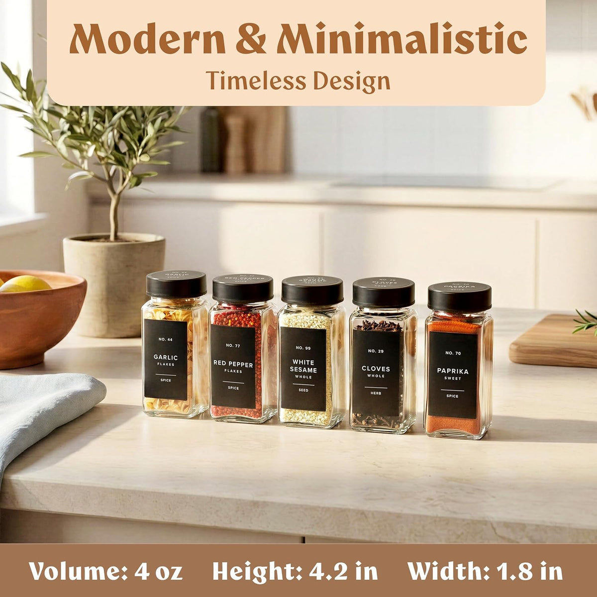 Square Glass Spice Jars (24 x 4oz) with Black Lids + Magnetic Spice Rack for Refrigerator (Fits 12 Jars) + Bonus Slim Auxiliary Rack, 240 Labels, Shaker Inserts, Funnel