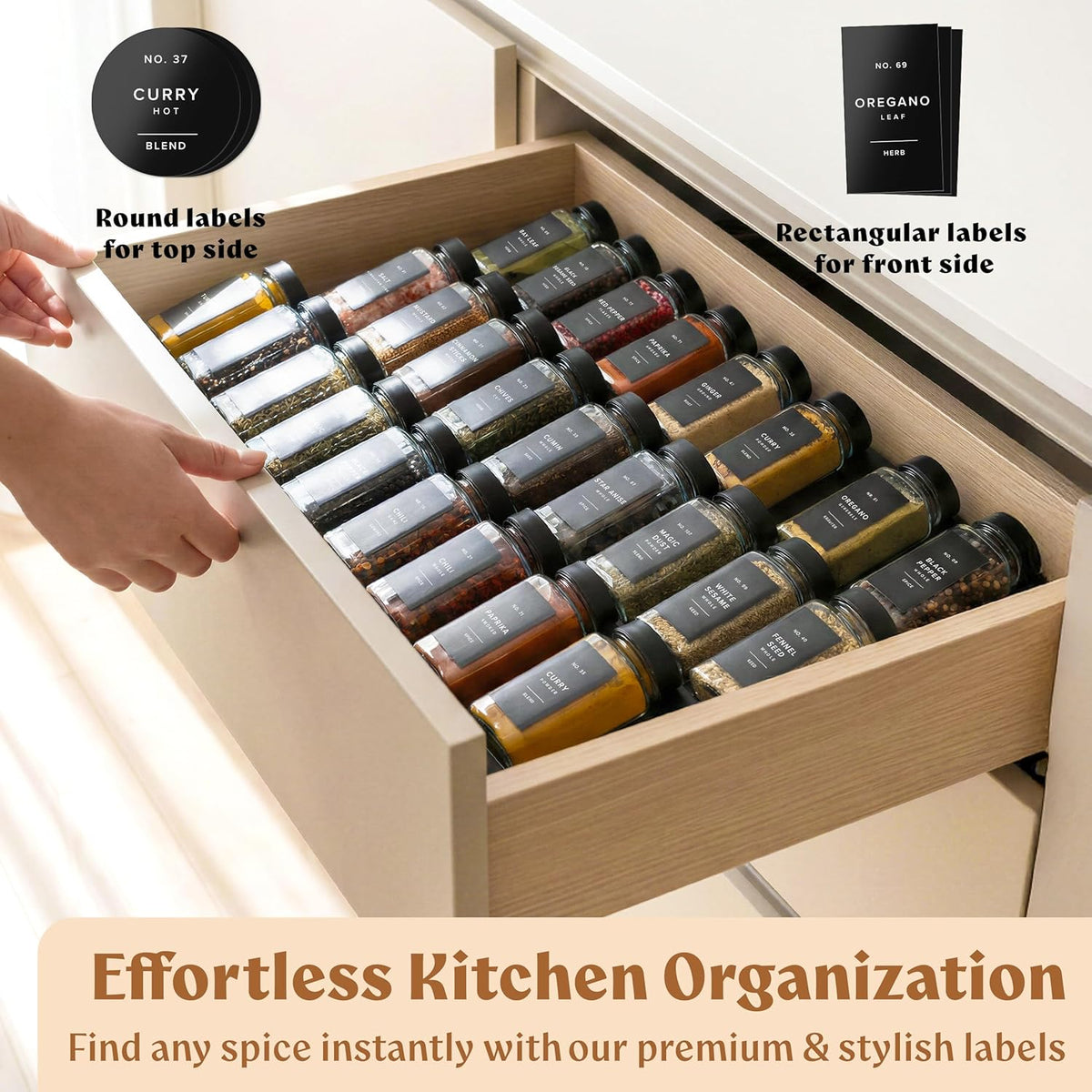 Square Glass Spice Jars (24 x 4oz) with Black Lids + Magnetic Spice Rack for Refrigerator (Fits 12 Jars) + Bonus Slim Auxiliary Rack, 240 Labels, Shaker Inserts, Funnel