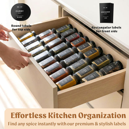 Square Glass Spice Jars (24 x 4oz) with Black Lids + Magnetic Spice Rack for Refrigerator (Fits 12 Jars) + Bonus Slim Auxiliary Rack, 240 Labels, Shaker Inserts, Funnel