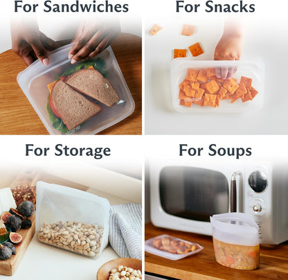Premium Reusable Silicone Storage Bags, Starter Kit, Clear