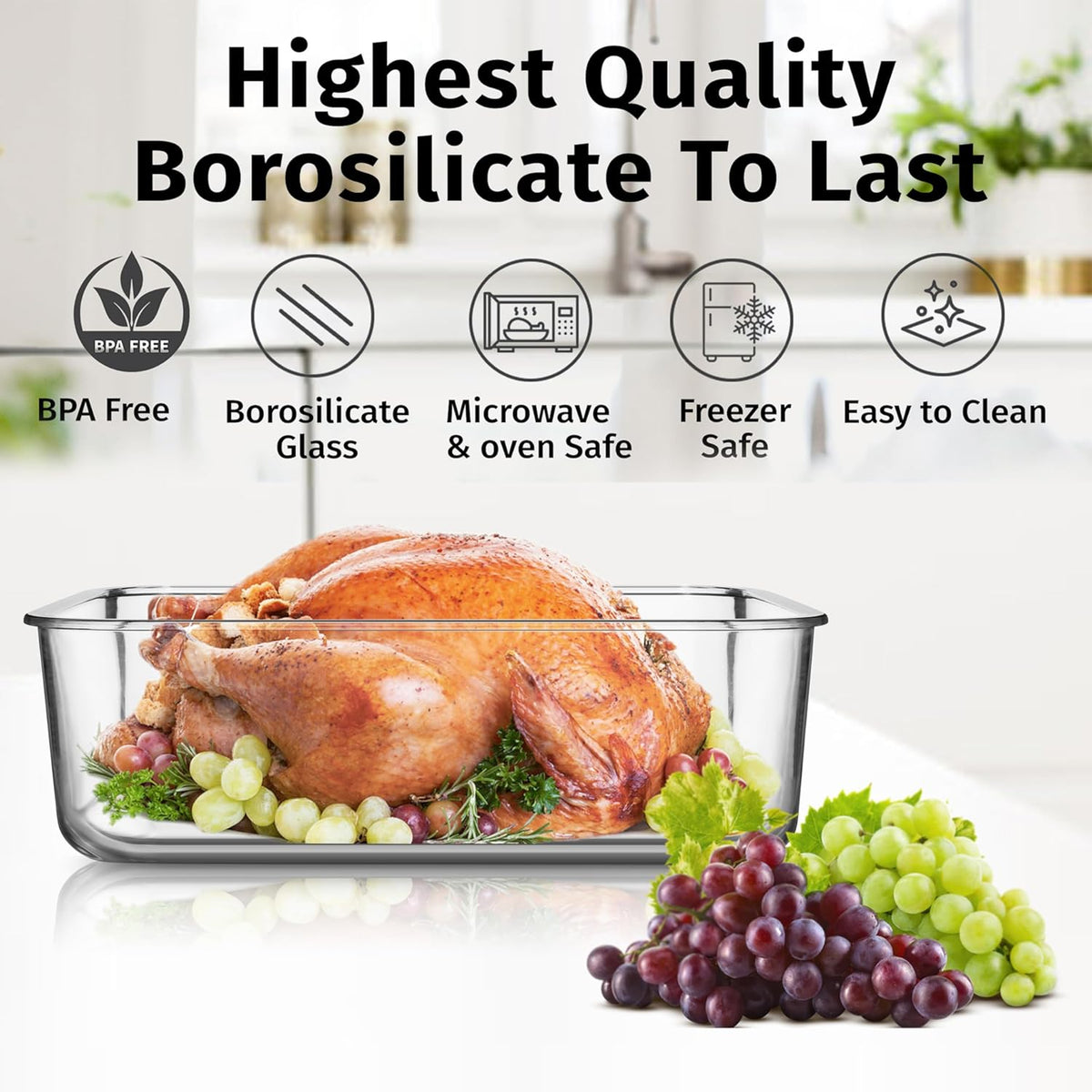 6500 ML / 220 oz / 28 Cup LARGE Glass Food Storage Container with Airtight Locking Lid. Ideal Storing food, Vegetables, Fruits. Baking Casserole, Lasagna, Roasting Turkey, Chicken BPA Free Oven Safe